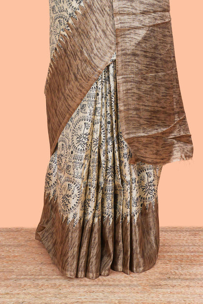 Sandal khadi cotton saree with warli print, contrast border and print pallu