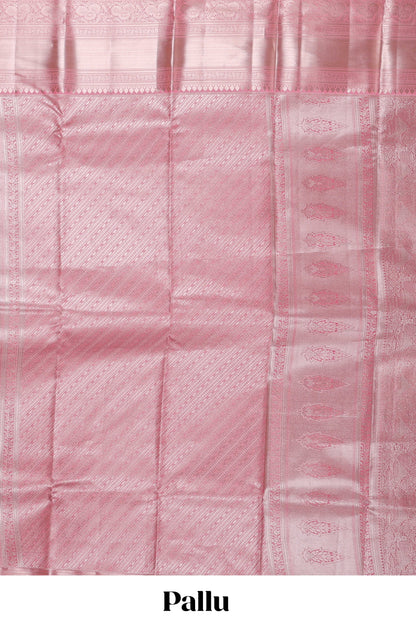 Peach semi banaras tissue saree with floral motifs and zari border