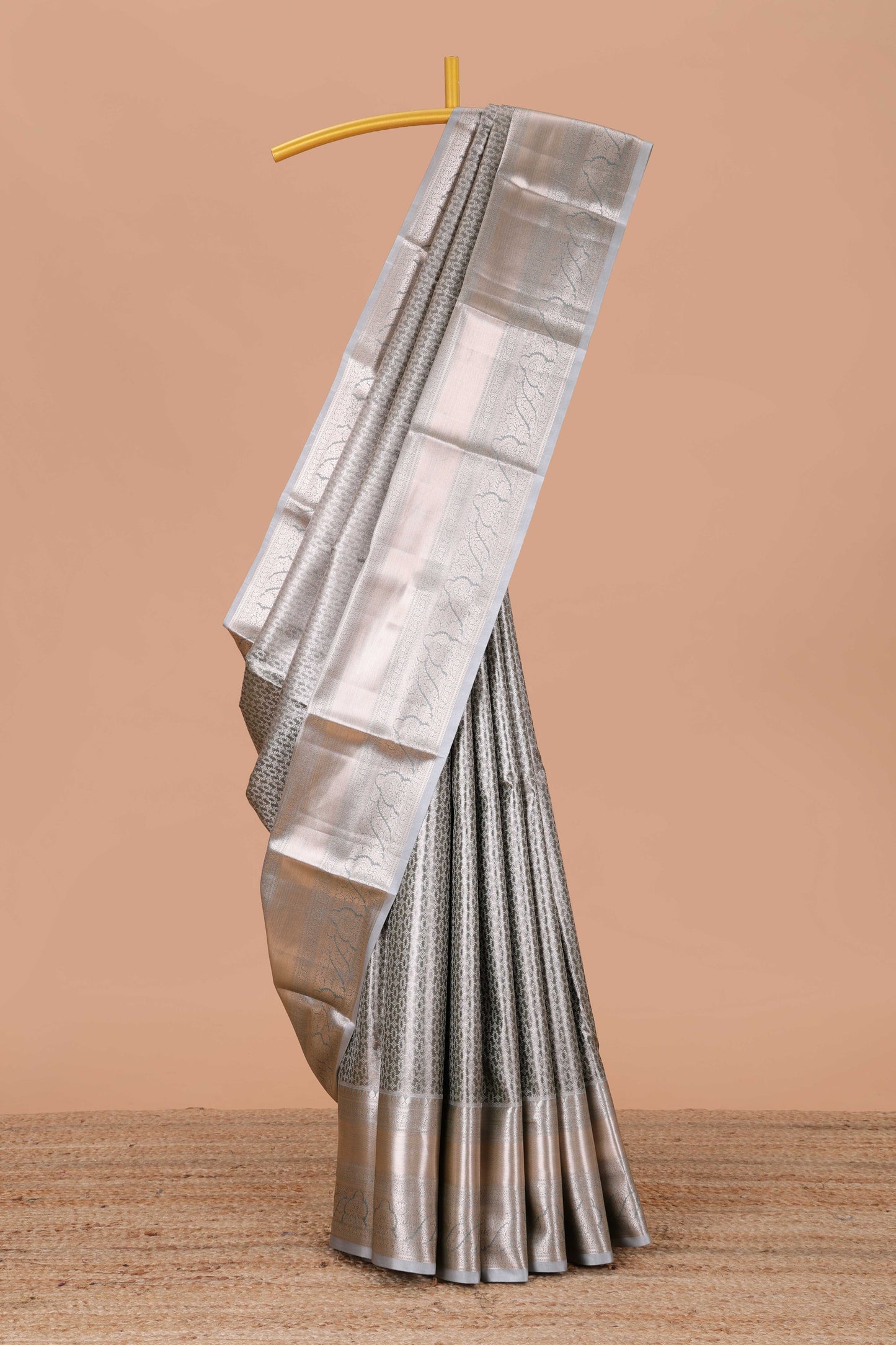 Grey semi banaras tissue saree with floral motifs and zari border