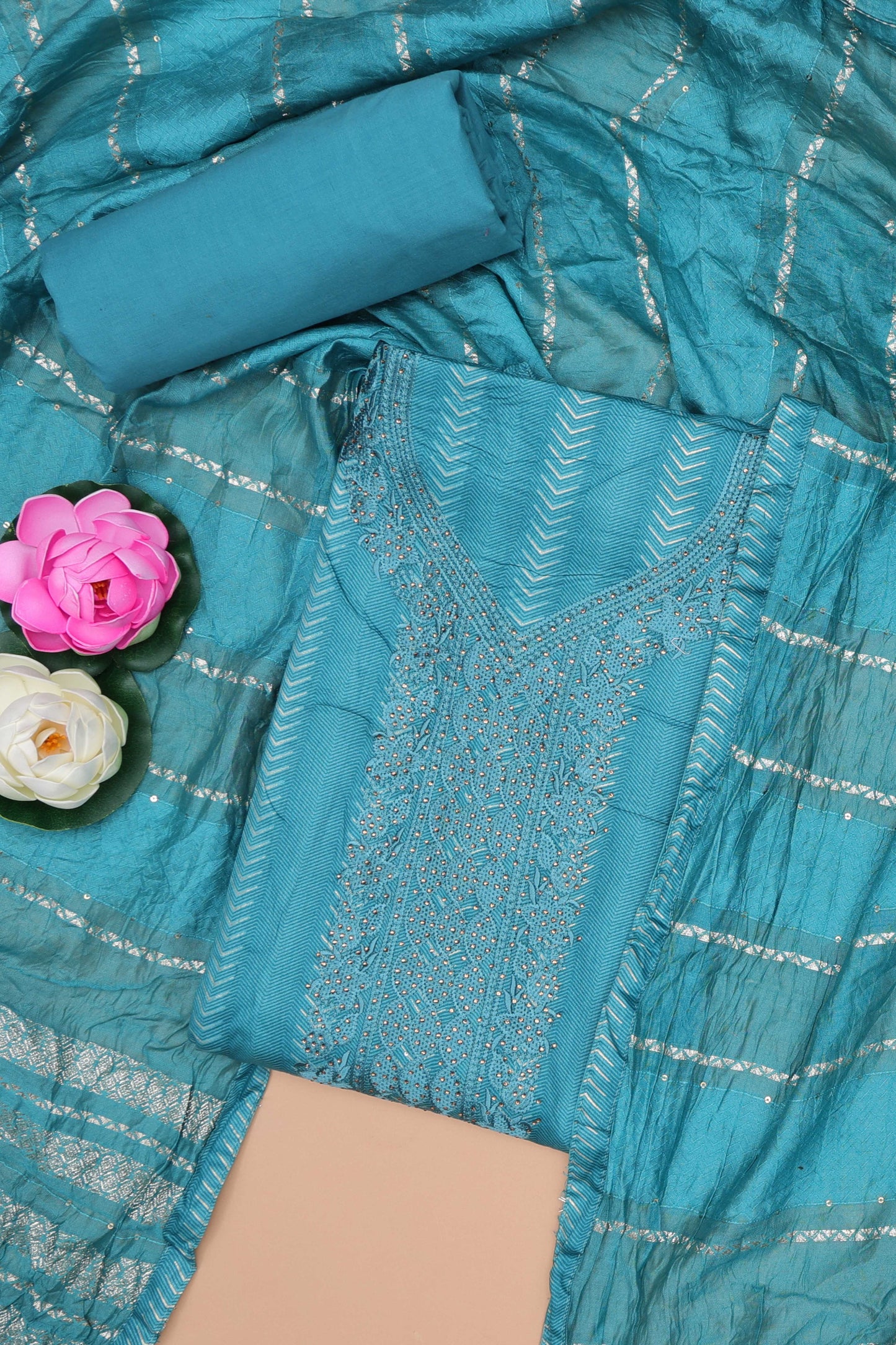 Blue cotton embroidered chudidhar material with bottom and striped dupatta