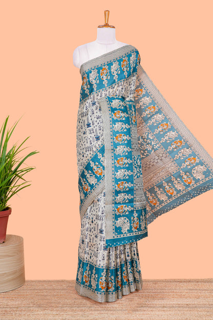 Cream khadi cotton saree with warli design print on body and pallu