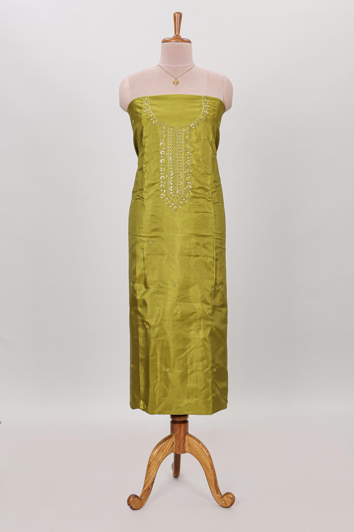 Green embroidery floral motifs chudidhar material with contrast solid pant and striped dupatta