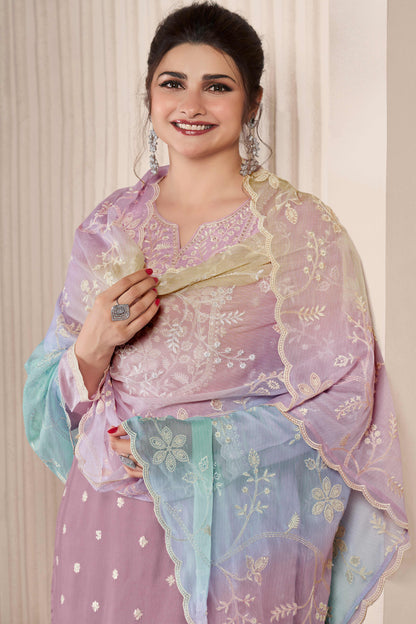 Lavender thread embroidered munga silk chudidhar material with printed chiffon dupatta