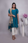 Teal Blue Gold Butta Straight cut salwar suit with Off-White Pants & Woven Tassel Dupatta Set