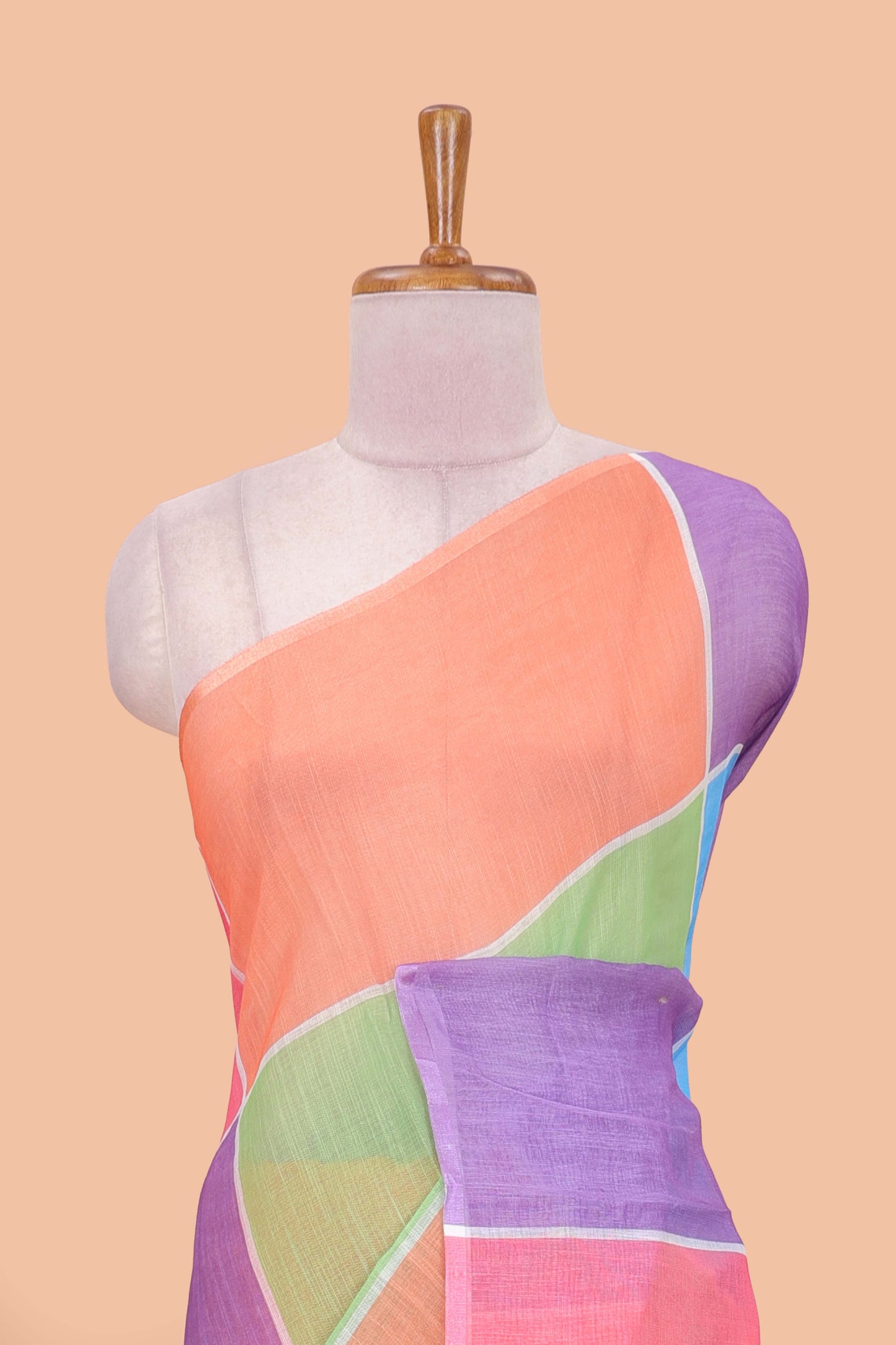 Borderless multi color linen checked saree with striped pallu