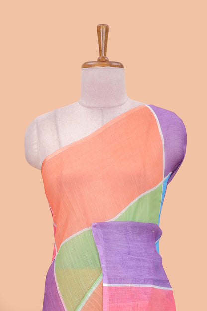 Borderless multi color linen checked saree with striped pallu