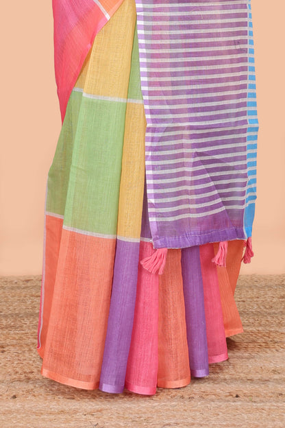 Borderless multi color linen checked saree with striped pallu