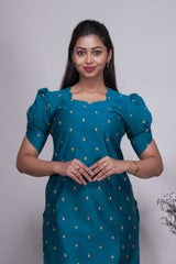 Teal Blue Gold Butta Straight cut salwar suit with Off-White Pants & Woven Tassel Dupatta Set