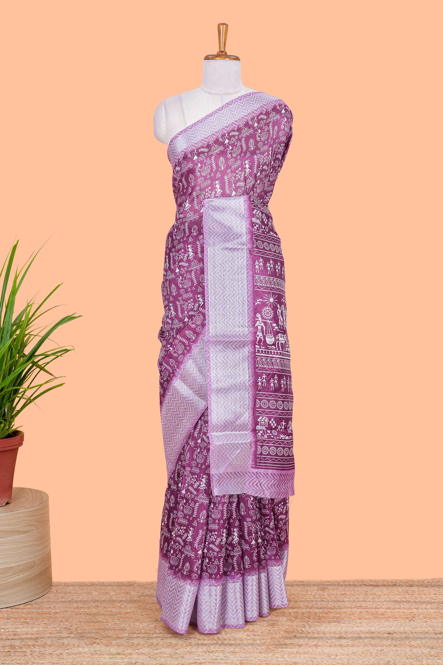 Purple warli print south cotton saree with contrast zari border and blouse
