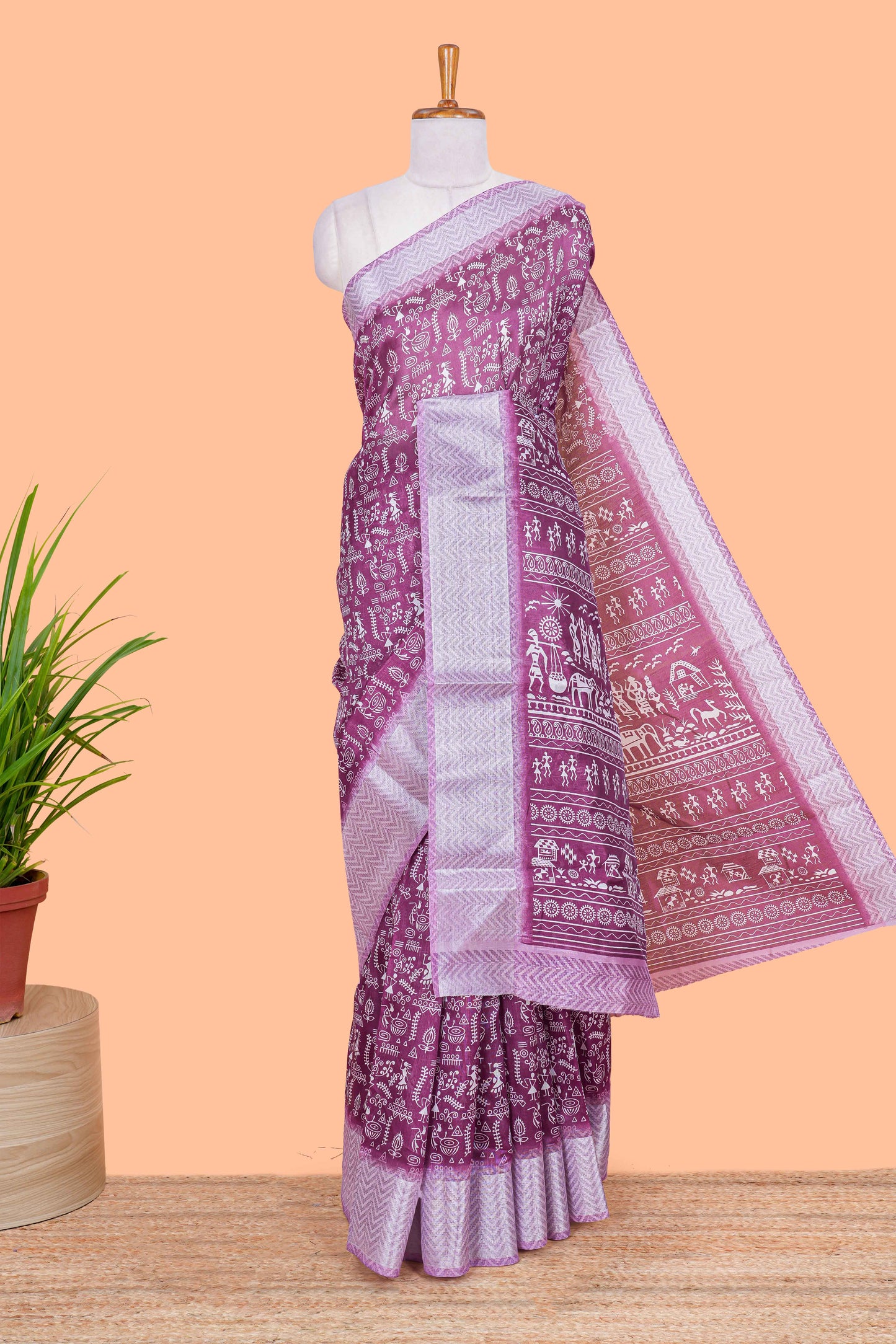 Purple warli print south cotton saree with contrast zari border and blouse