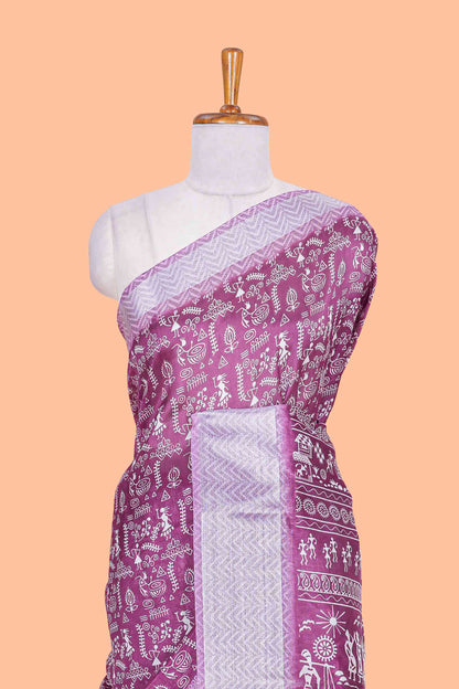 Purple warli print south cotton saree with contrast zari border and blouse