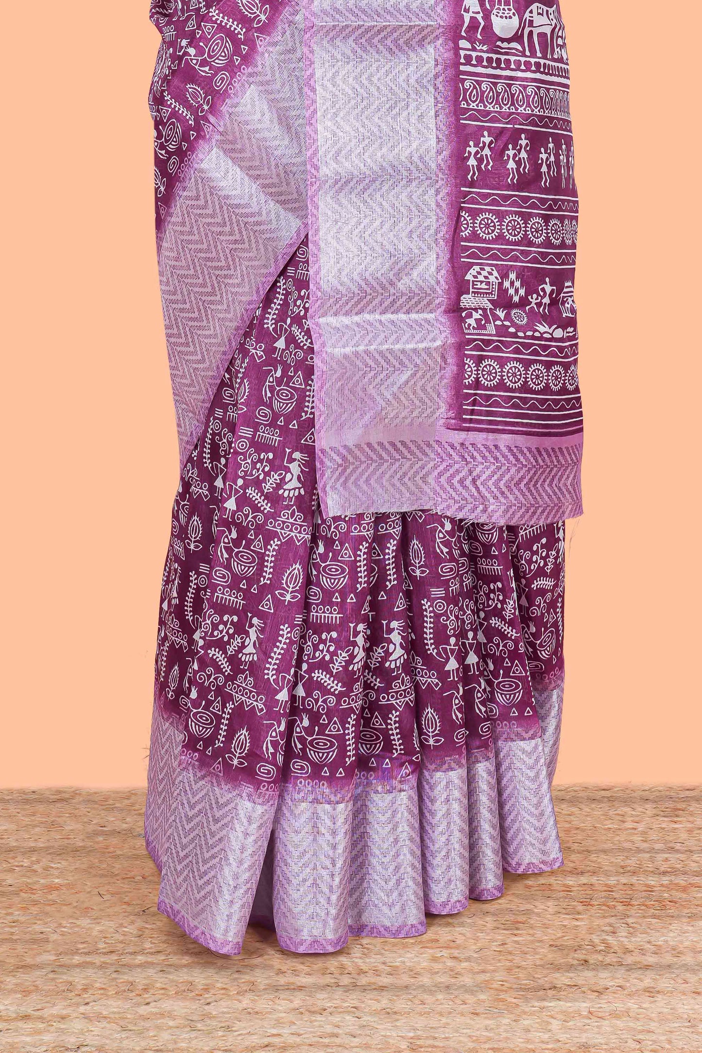 Purple warli print south cotton saree with contrast zari border and blouse