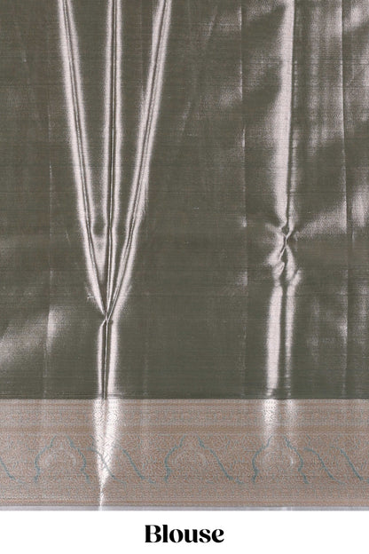 Grey semi banaras tissue saree with floral motifs and zari border