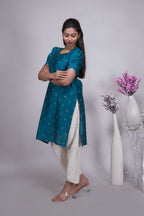 Teal Blue Gold Butta Straight cut salwar suit with Off-White Pants & Woven Tassel Dupatta Set