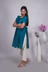 Teal Blue Gold Butta Straight cut salwar suit with Off-White Pants & Woven Tassel Dupatta Set