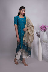 Teal Blue Gold Butta Straight cut salwar suit with Off-White Pants & Woven Tassel Dupatta Set