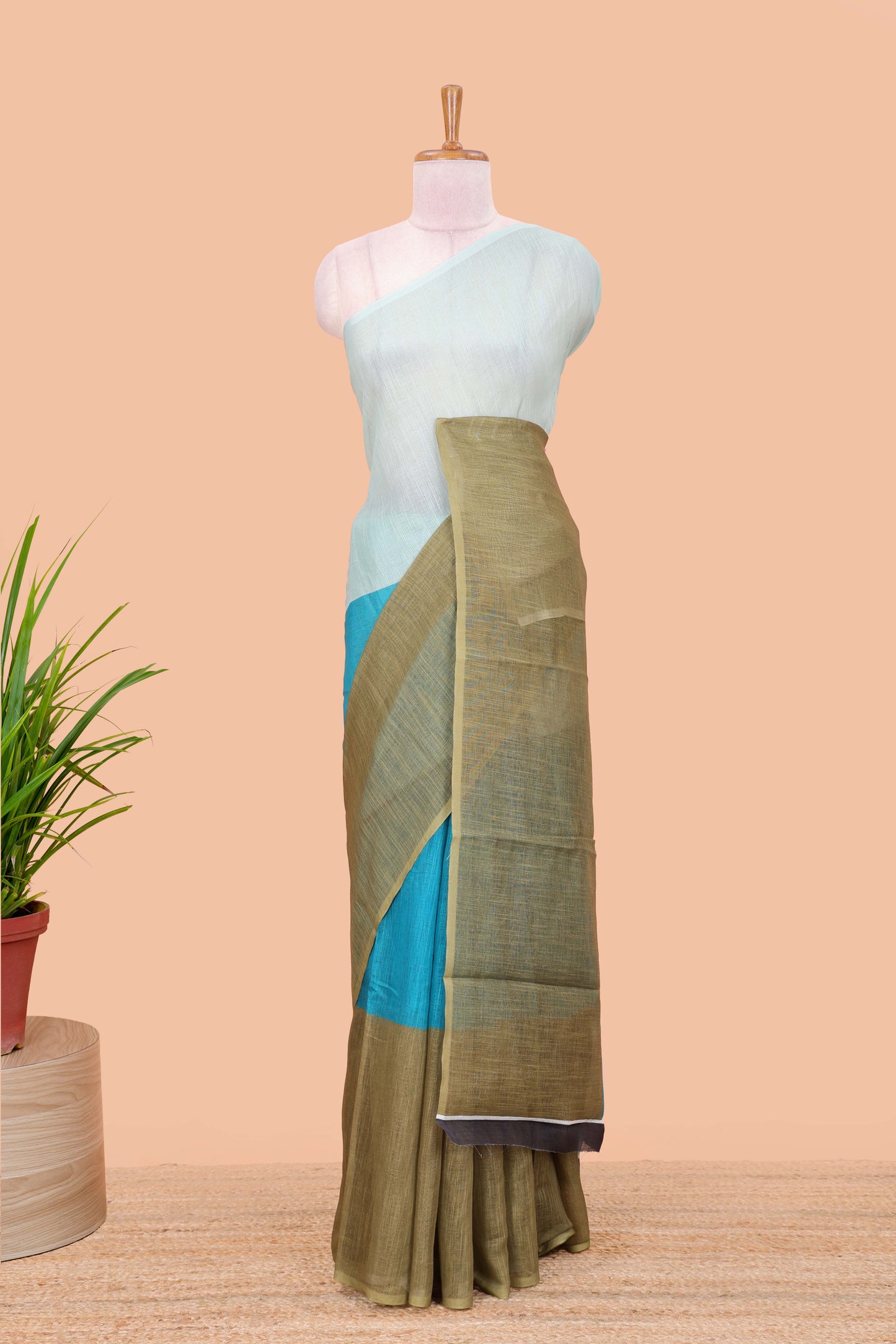 Borderless multi color linen plain saree with contrast blouse