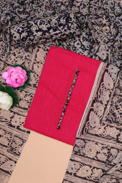 Pink plain cotton chudidhar material with kalamkari style bottom and dupatta