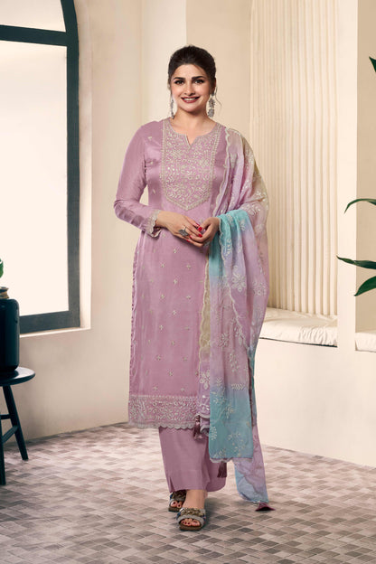 Lavender thread embroidered munga silk chudidhar material with printed chiffon dupatta