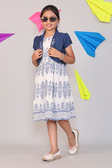 White floral design Sleeveless A-Line Cotton Frock with Detachable Navy Shrug