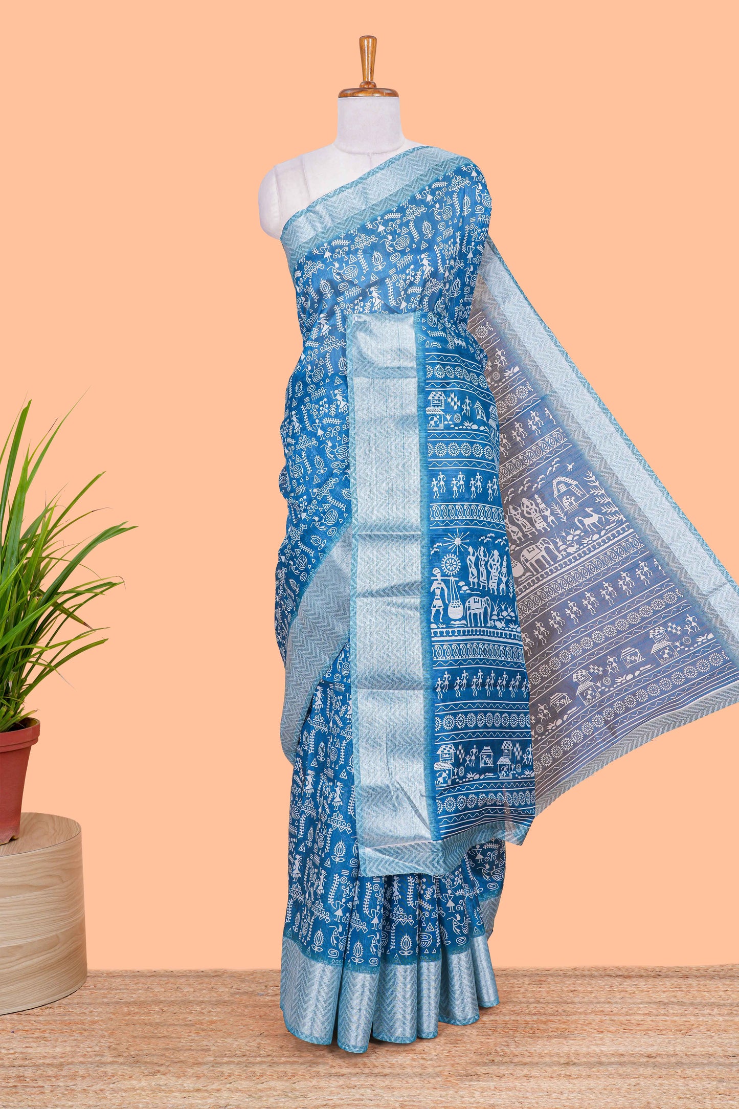 Blue warli print south cotton saree with contrast zari border and blouse