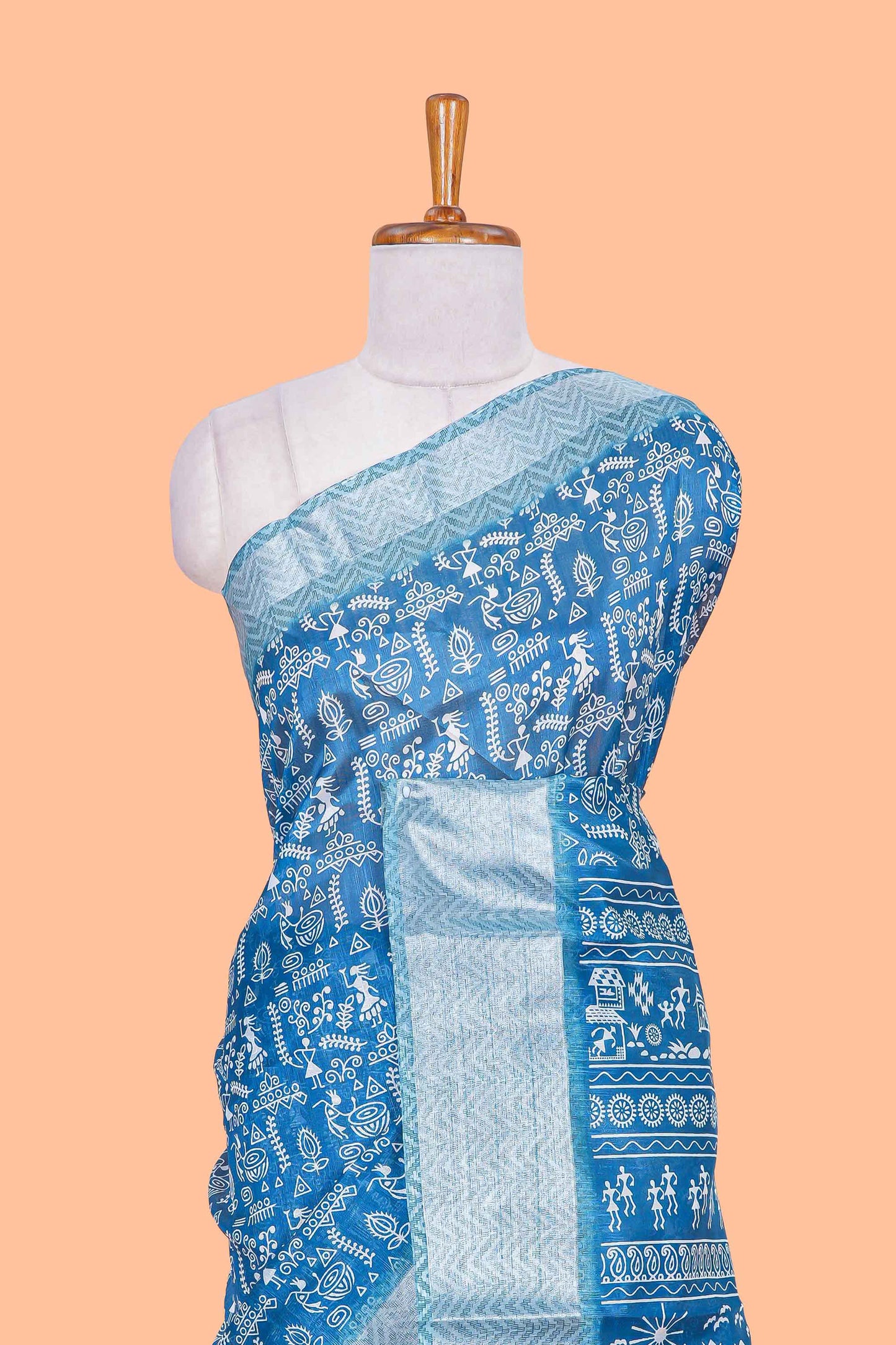 Blue warli print south cotton saree with contrast zari border and blouse