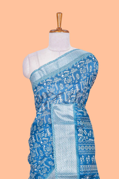 Blue warli print south cotton saree with contrast zari border and blouse