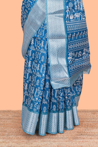 Blue warli print south cotton saree with contrast zari border and blouse
