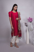 Red Butta Straight cut salwar suit with Off-White Pants & Woven Tassel Dupatta Set
