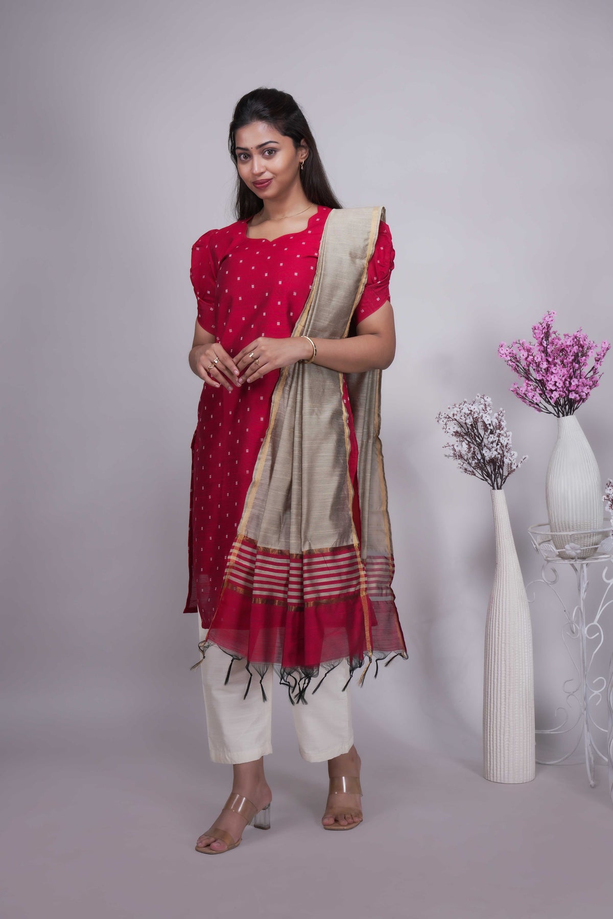 Red Butta Straight cut salwar suit with Off-White Pants & Woven Tassel Dupatta Set