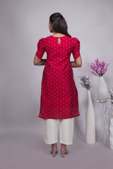 Red Butta Straight cut salwar suit with Off-White Pants & Woven Tassel Dupatta Set
