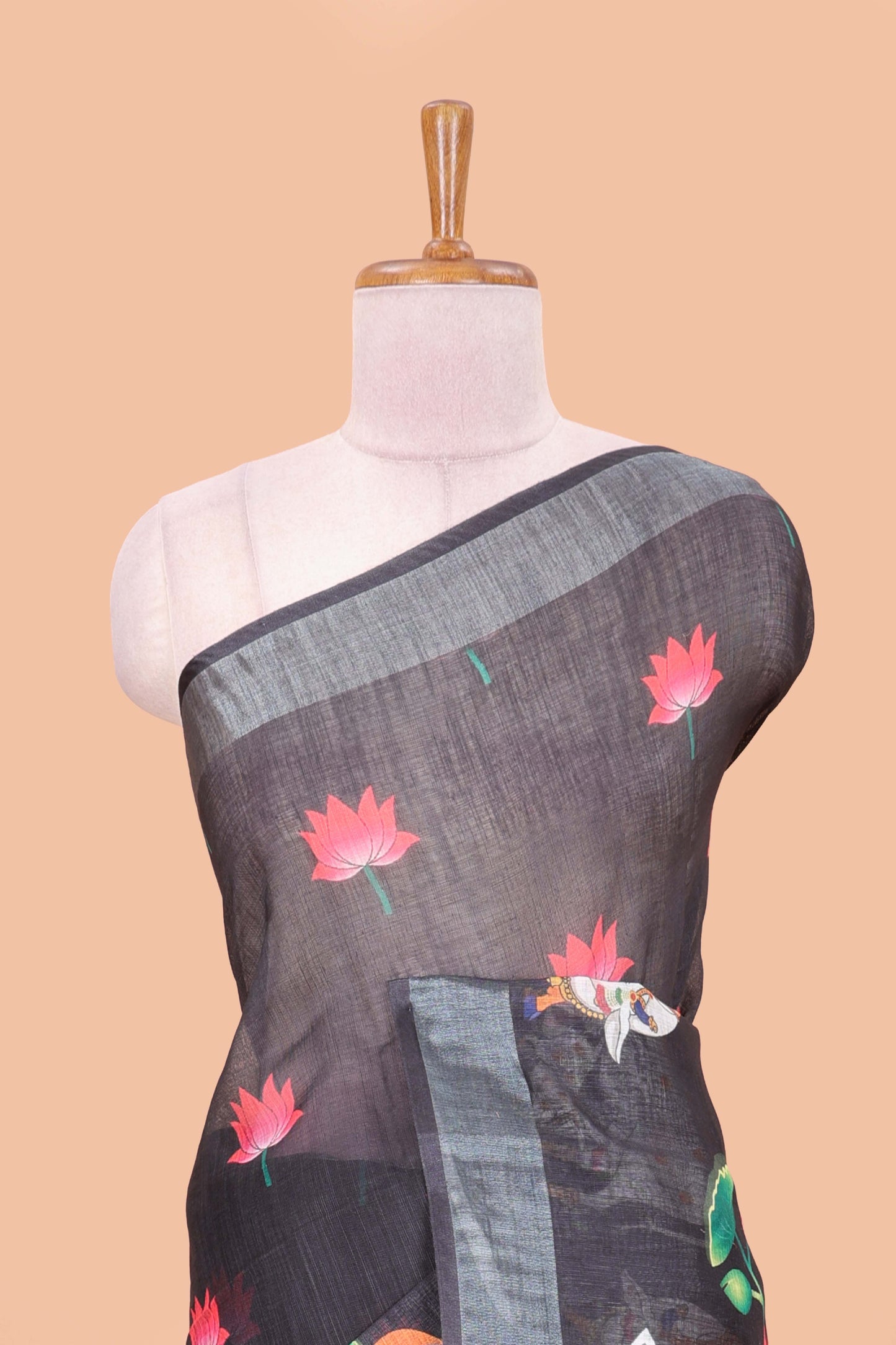 Black linen floral and animal themed print saree with zari border