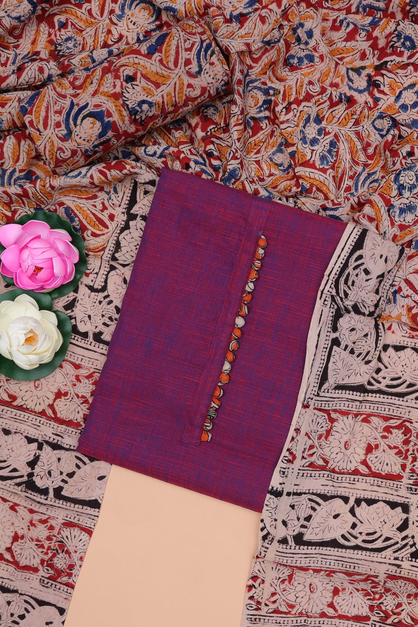 Magenta plain cotton chudidhar material with kalamkari style bottom and dupatta