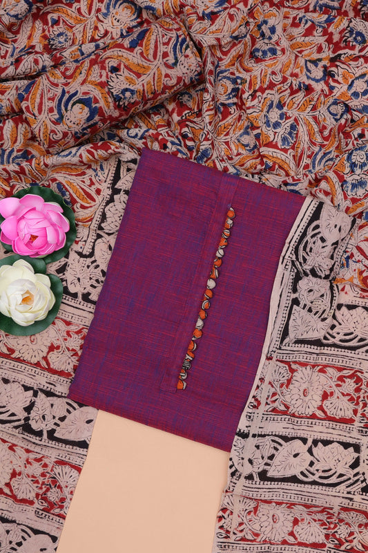 Magenta plain cotton chudidhar material with kalamkari style bottom and dupatta
