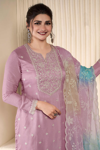 Lavender thread embroidered munga silk chudidhar material with printed chiffon dupatta