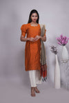 Orange Butta Straight cut salwar suit with Off-White Pants & Woven Tassel Dupatta Set