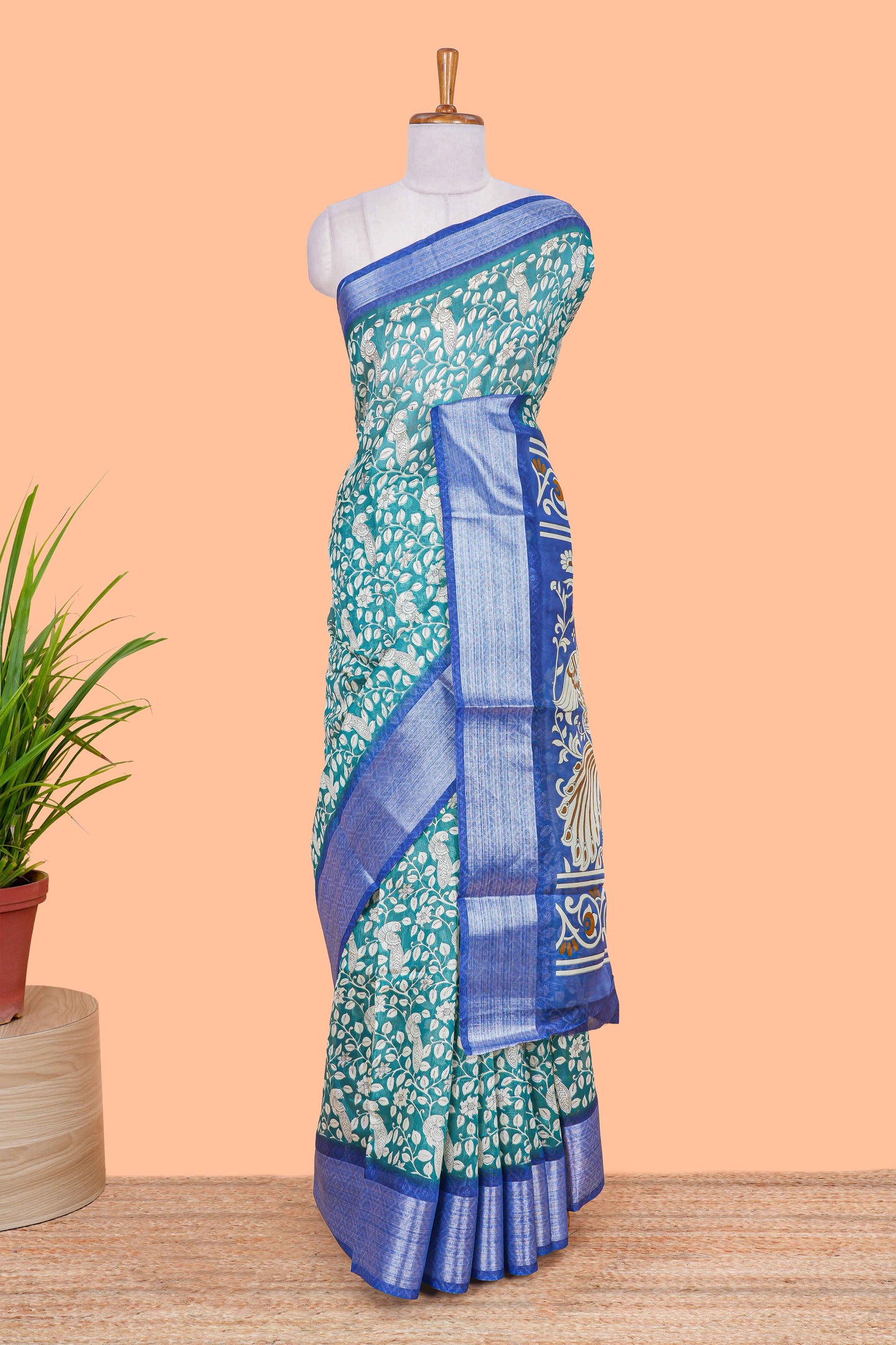 Green birds and floral vine khadi cotton saree with contrast zari border