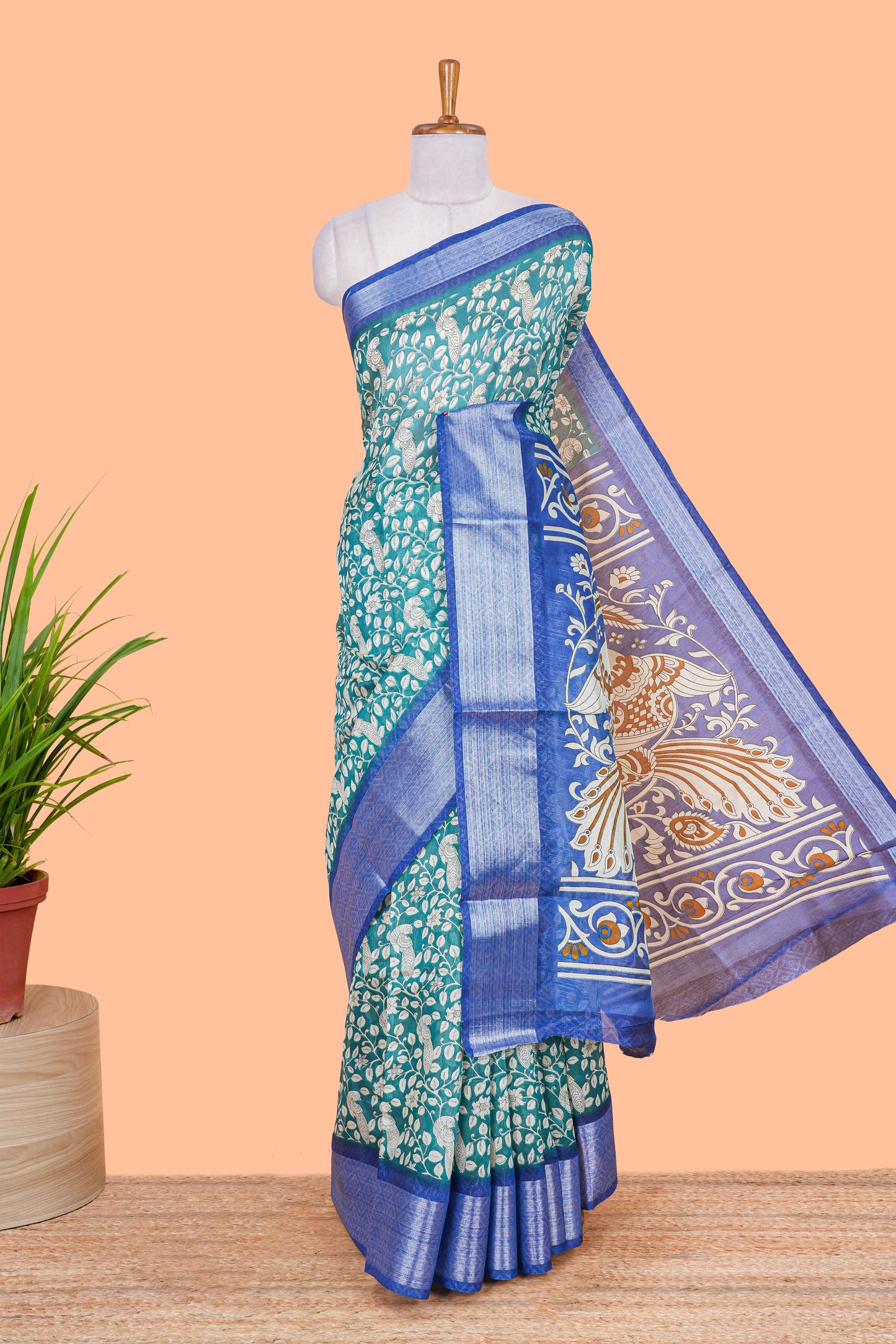 Green birds and floral vine khadi cotton saree with contrast zari border