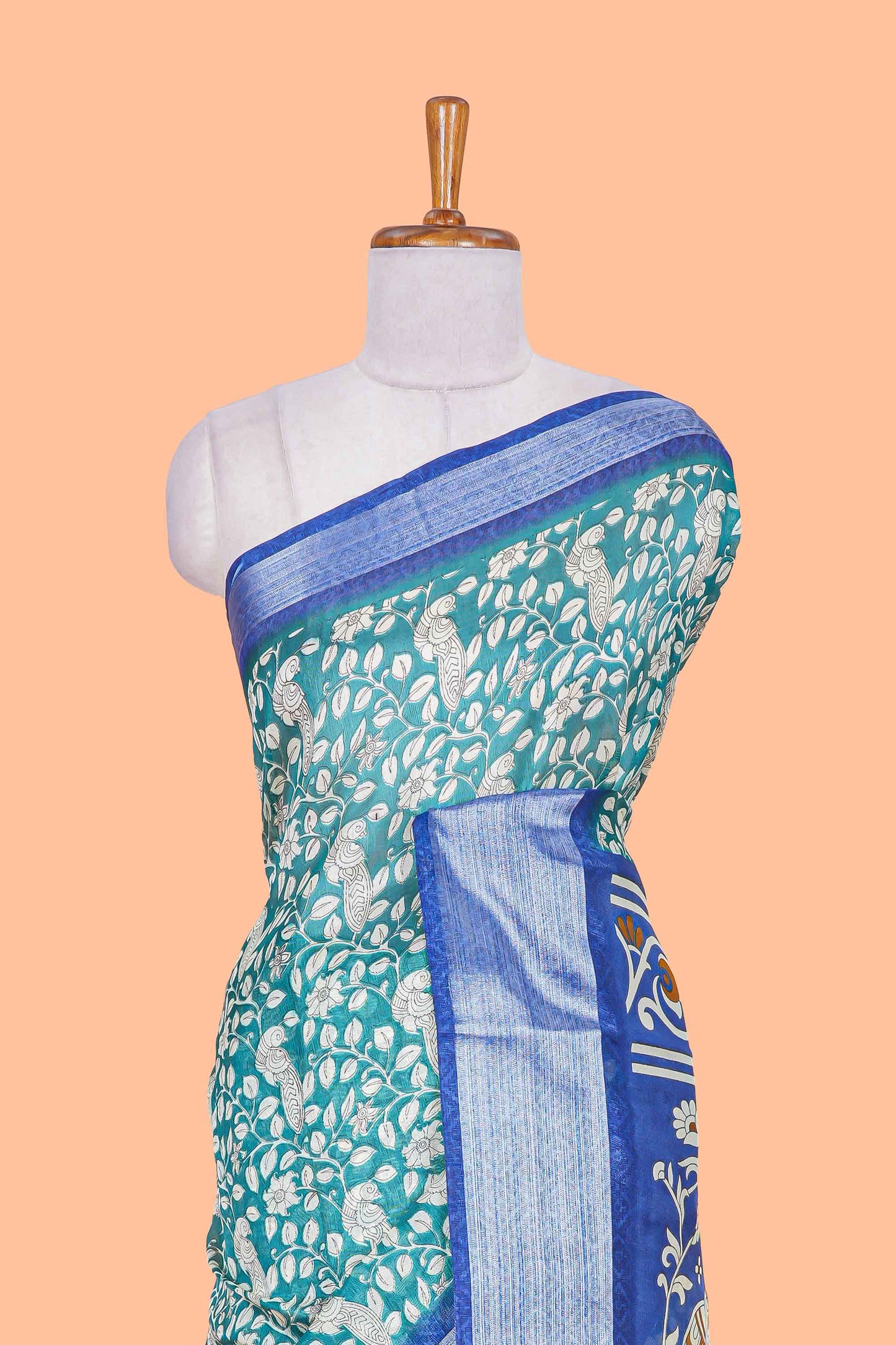 Green birds and floral vine khadi cotton saree with contrast zari border