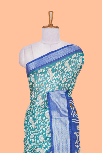 Green birds and floral vine khadi cotton saree with contrast zari border