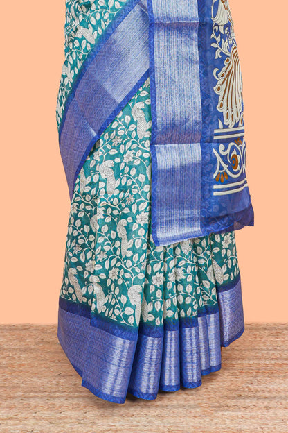 Green birds and floral vine khadi cotton saree with contrast zari border