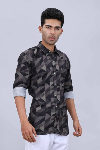 Men’s Slim Fit Casual Shirt in Popcorn Fabric with Fancy Printed Collar