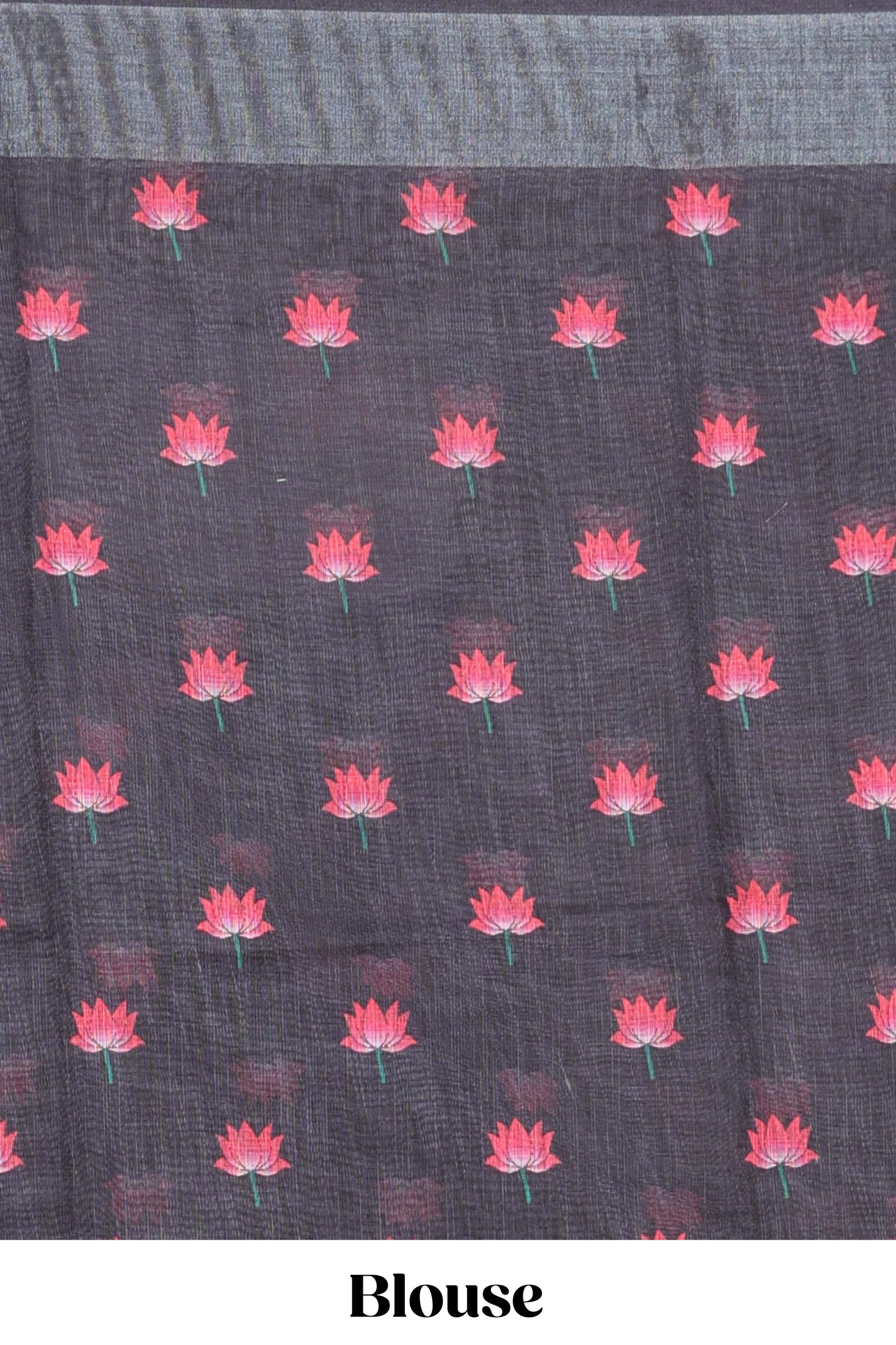 Black linen floral and animal themed print saree with zari border