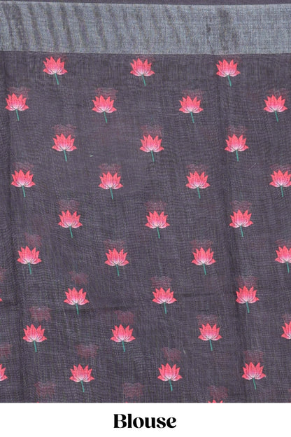 Black linen floral and animal themed print saree with zari border