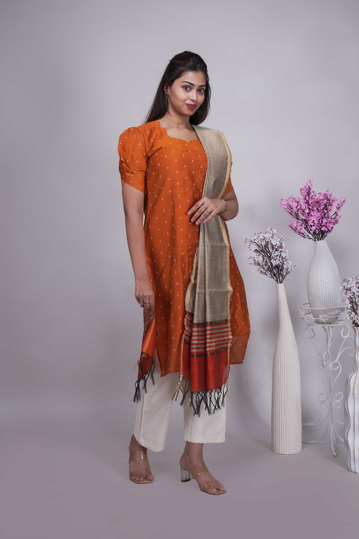Orange Butta Straight cut salwar suit with Off-White Pants & Woven Tassel Dupatta Set