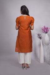 Orange Butta Straight cut salwar suit with Off-White Pants & Woven Tassel Dupatta Set