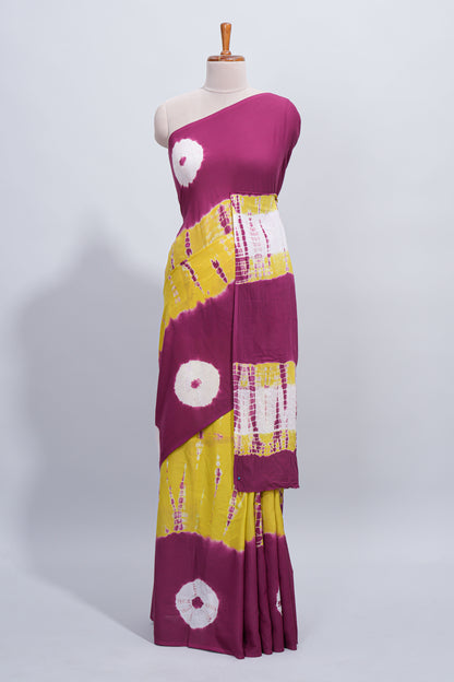 Borderless purple and yellow shibori design mul mul cotton saree with self pallu