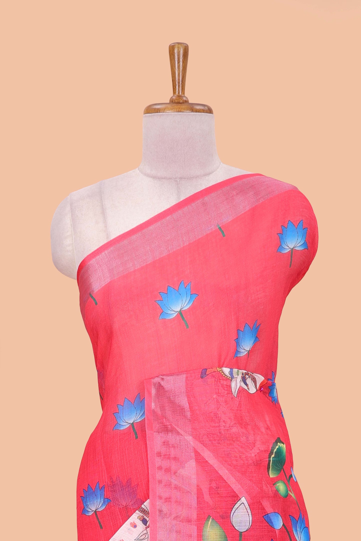 Pink linen floral and animal themed print saree with zari border