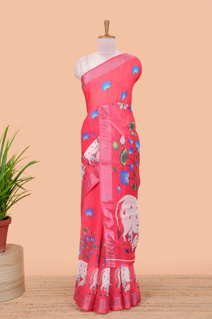 Pink linen floral and animal themed print saree with zari border