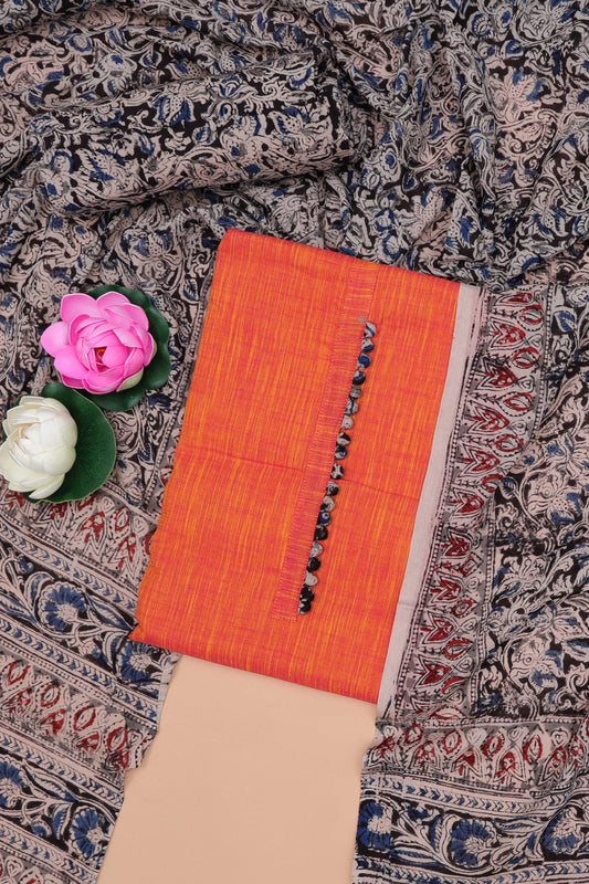 Orange plain cotton chudidhar material with kalamkari style bottom and dupatta